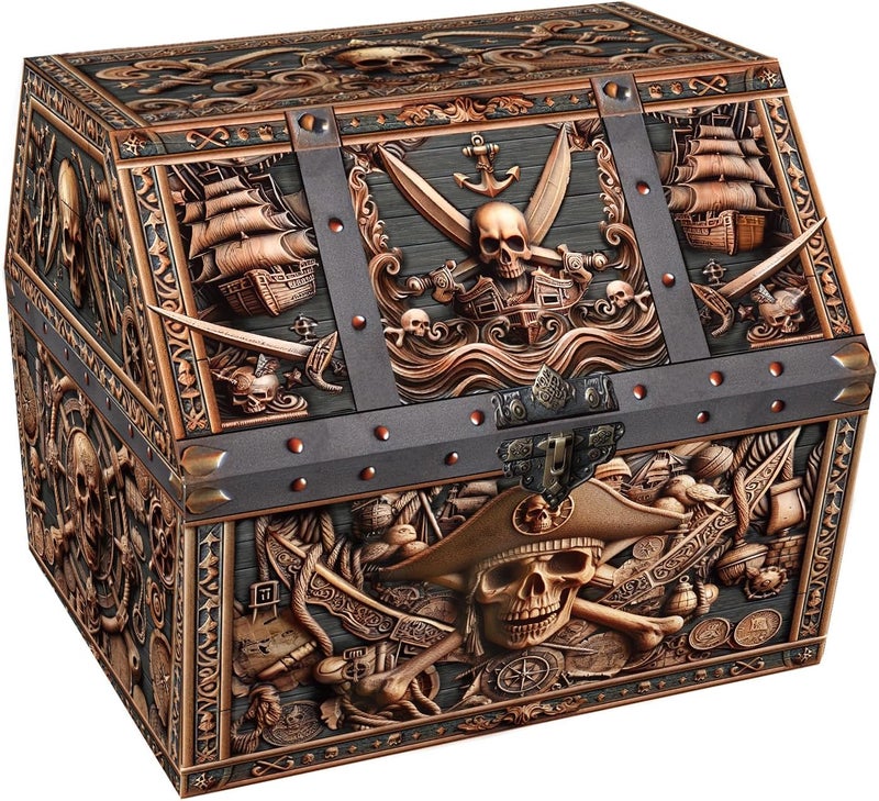 PETCEE Pirate Skull Treasure Box - 9x9.3x8 Large Pirate Treasure Chest for Classroom Chirstmas Treasures Box Rewards Chest Toys and Storage Perfect Classroom Treasures Boxes for Students - Image 1
